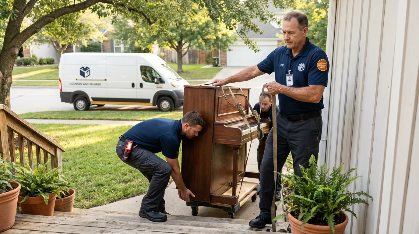 Licensed piano movers securing grand piano in Kingfisher, OK