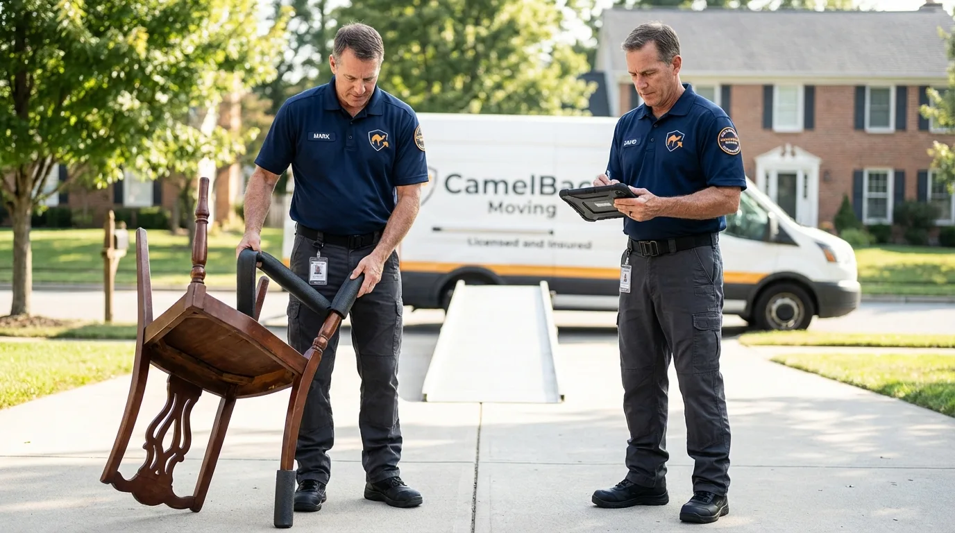 Movers inspecting furniture for damage prevention before loading in Kingfisher, OK
